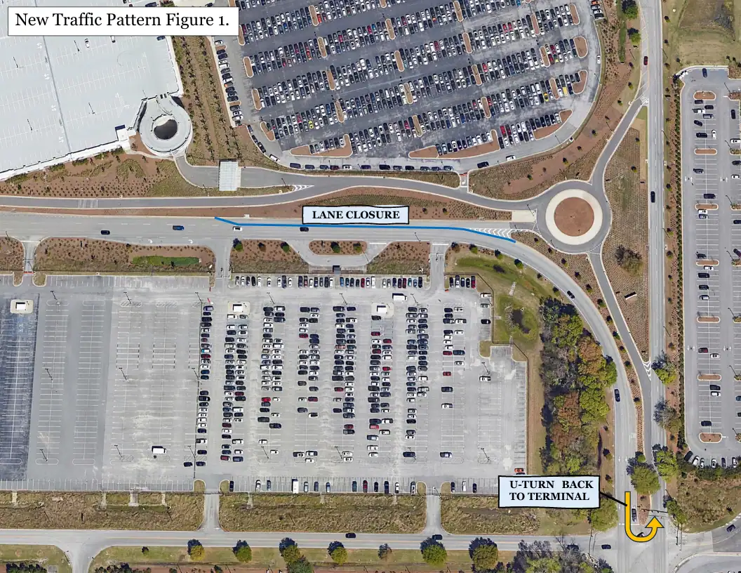 New traffic pattern showing lane closer and u-turn back to terminal for customers driving to CHS airport