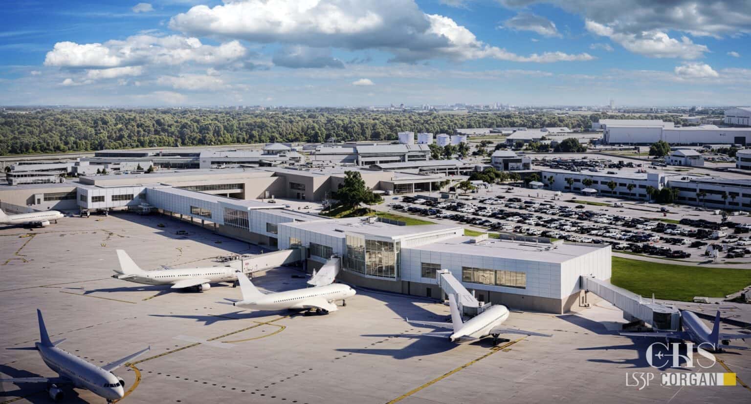 Rendering of CHS’s future West Gates Expansion with four aircraft at modern gates, surrounded by airport facilities and parking under a partly cloudy sky.